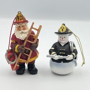 Firefighter Santa & Snowman Ornaments Lot Resin FD No.1 Ladder Damage 3–4"